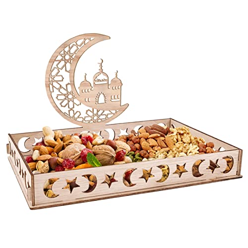 Ramadan Teller Eid Mubarak Tablett Holztablett Tischdeko für Dessertsnacks Serviertablett mit Mond und Stern Muster Ramazan Deko für Eid-Tische und Kareem Partei (Style C) von MARKIF