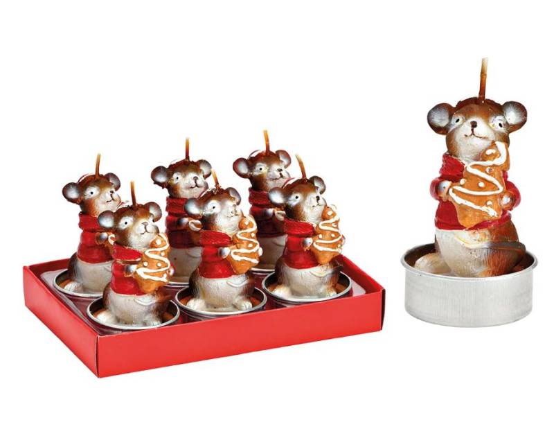 Teelichter WEIHNACHTSMAUS MIT LEBKUCHEN Wachs 4x7x4cm 6er-Set Kerzen von MARKT35W