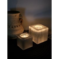 Selenit Quadrat Teelichthalter 8 X cm | Kerzenhalter Roh Housewarming Party Geschenk Geschenkidee Kristalle Liebhaber von MAROKOPERLAS