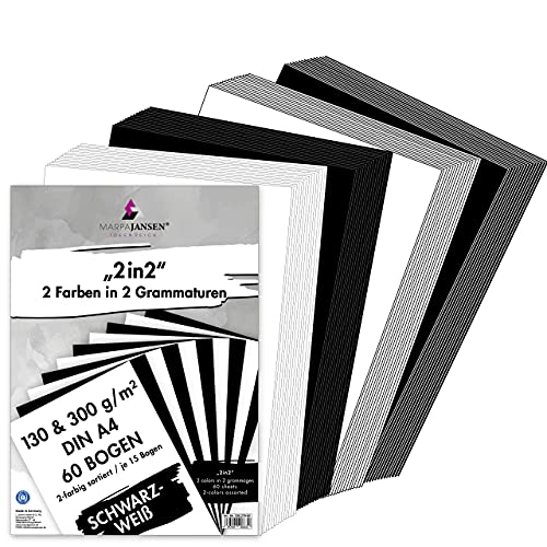 MarpaJansen 2in2-Pack, 60 Bogen, 2 Farben, 2 Grammaturen, DIN A4, je 15 Bogen Fotokarton schwarz & weiß 300 g/m² & je 15 Bogen Tonzeichenpapier schwarz & weiß 130 g/m² von MARPAJANSEN