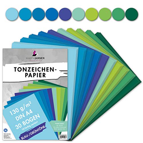 MarpaJansen Tonzeichenpapier 10 Blau/Grünton Farben, DIN A4, 30 Bogen, 130 g/m², Blauer Engel zertifiziert von MARPAJANSEN