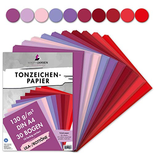 MarpaJansen Tonzeichenpapier 10 Lila/Rotton Farben, DIN A4, 30 Bogen, 130 g/m², Blauer Engel zertifiziert von MARPAJANSEN