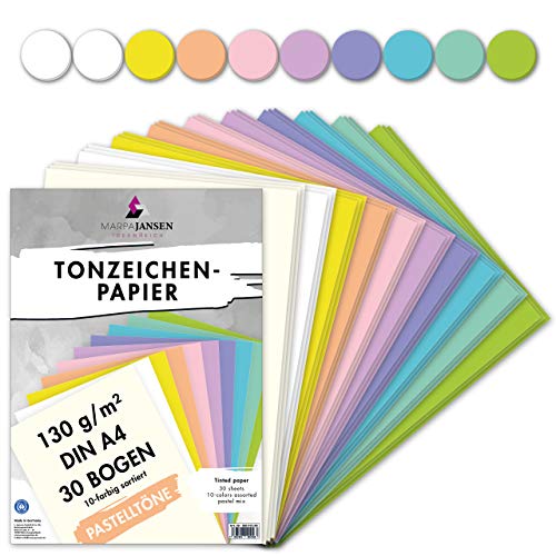 MarpaJansen Tonzeichenpapier Pastelltöne Mix, 10 Farben, DIN A4, 30 Bogen, 130 g/qm von MARPAJANSEN