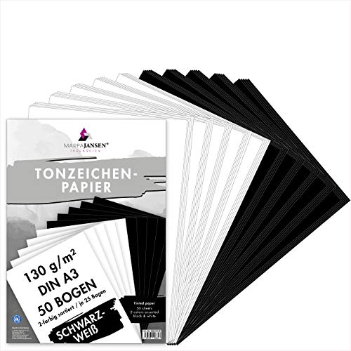 MarpaJansen Tonzeichenpapier Schwarz/Weiß, DIN A3, 50 Bogen, je 25 Bogen in schwarz & weiß 130 g/m², Blauer Engel zertifiziert von MARPAJANSEN