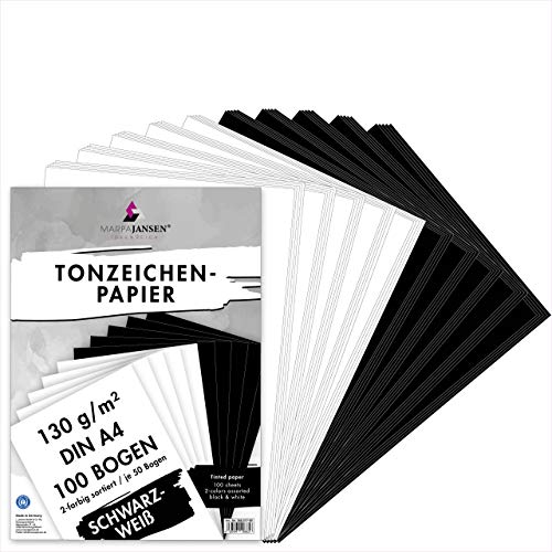 MarpaJansen Tonzeichenpapier Schwarz/Weiß, DIN A4, 100 Bogen, je 50 Bogen in schwarz & weiß 130 g/m², Blauer Engel zertifiziert von MARPAJANSEN