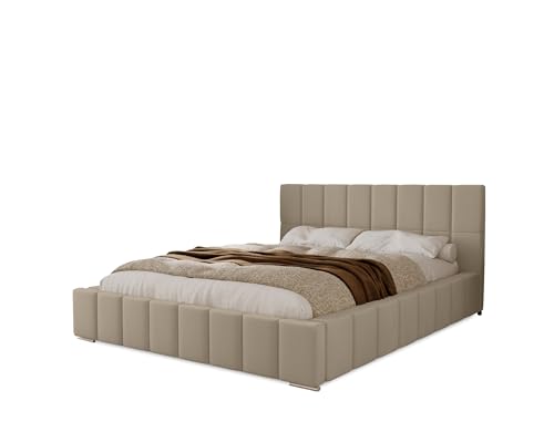 MARPUR POLSTERBETT Alma 200x200 cm, Bett mit Kopfteil, Doppelbett mit Bettkasten und Lattenrost aus Holz, Velourstoff: Hellbraun von MARPUR