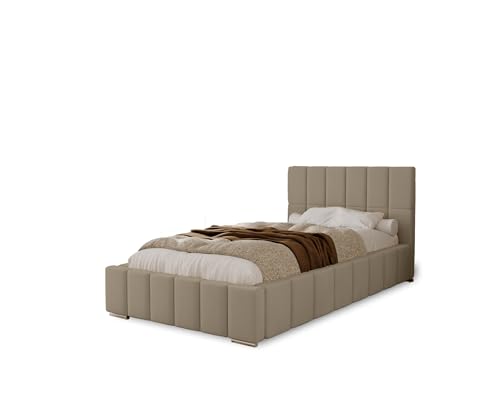 MARPUR POLSTERBETT Alma 80x200 cm, Bett mit Kopfteil, Doppelbett mit Bettkasten und Lattenrost aus Holz, Velourstoff: Hellbraun von MARPUR