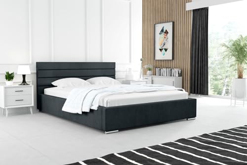 MARPUR Polsterbett Fado mit Kopfteil, 160x200 cm, Doppelbett mit Bettkasten und Lattenrost aus Holz, Velourstoff: Schwarz von MARPUR