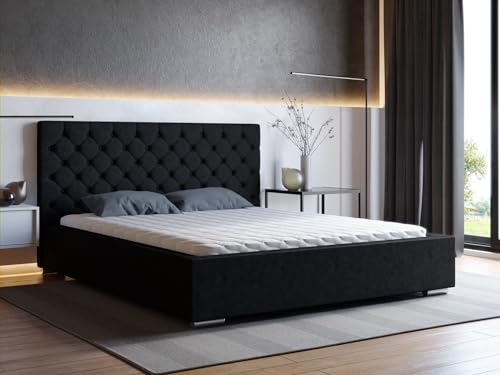 MARPUR Polsterbett Golden mit Kopfteil, 200x200 cm, Doppelbett mit Bettkasten und Lattenrost aus Holz, Velourstoff: Schwarz von MARPUR