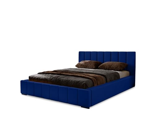 MARPUR Polsterbett Nero 140x200 cm, Bett mit Kopfteil, Doppelbett mit Bettkasten und Lattenrost aus Holz, Velourstoff: Dunkelblau von MARPUR