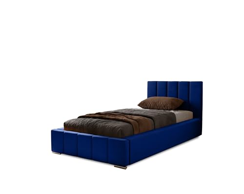 MARPUR Polsterbett Nero 90x200 cm, Bett mit Kopfteil, Doppelbett mit Bettkasten und Lattenrost aus Holz, Velourstoff: Dunkelblau von MARPUR