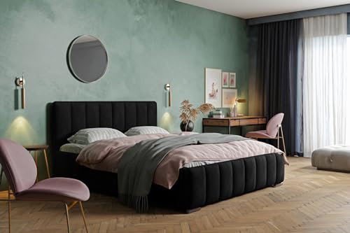 MARPUR Polsterbett Nero mit Kopfteil, 160x200 cm, Doppelbett mit Bettkasten und Lattenrost aus Holz, Velourstoff: Schwarz von MARPUR