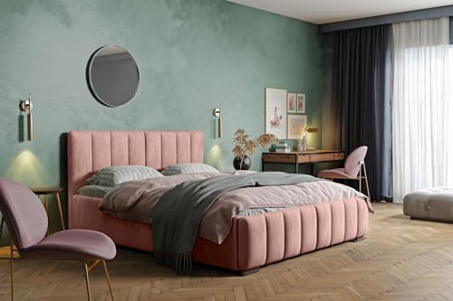 MARPUR Polsterbett Nero mit Kopfteil, 180x200 cm, Doppelbett mit Bettkasten und Lattenrost aus Holz, Velourstoff: Rosa von MARPUR