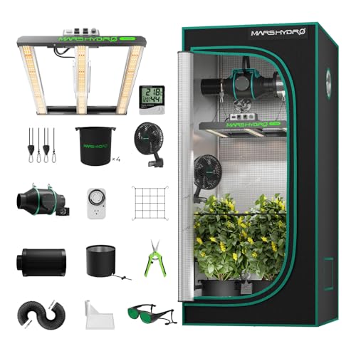 Mars Hydro Growzelt Komplettset,FC1500 Samsung App Fernbedienung Dimmbar LED Lampe,80X80X160cm 1680D Hohe Reflektivität Mylar Grow Box Komplettset,4" 205CFM Effizient Belüftungssat,10-Gang-Lüfter von MARS HYDRO