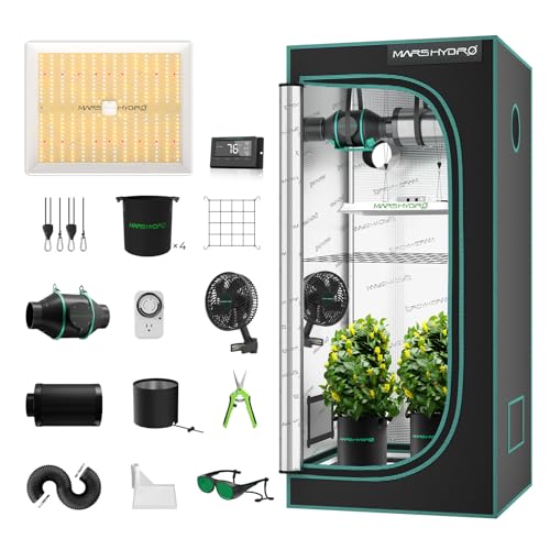 MARS HYDRO TS1000 Growzelt Komplettset mit Digitaler Temperatur und Feuchtigkeitsregler,LED Dimmbar Grow Lampe,80X80X160cm 1680D Hohe Reflektivität Grow Box Komplettset,4" Automatischer Belüftungssat von MARS HYDRO