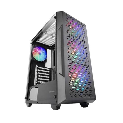 Mars Gaming MC-GEO, Gaming ATX-Gehäuse, 4x FRGB Rainbow 12cm Lüfter, Geometrisches Mesh-Frontpanel, Fenster Gehärtetem Glas, PC-Midi-Tower Doppelkammer-Design, Unterstützung für Wasserkühlung, Schwarz von Mars Gaming
