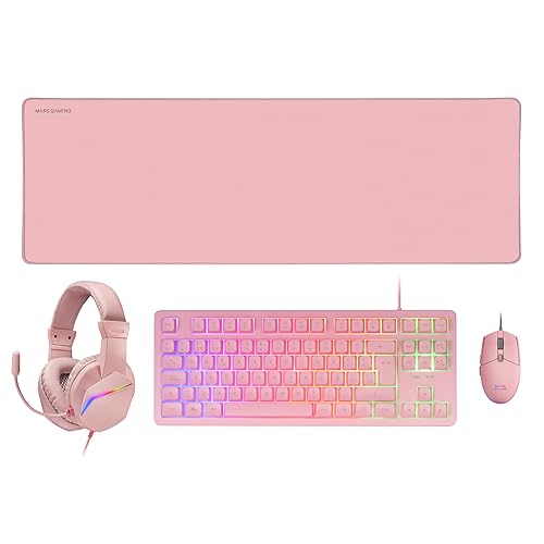 MARSGAMING MCP-RGB3, Pack Gaming Tastatur Fixed RGB + Gaming Maus RGB Flow 3200 DPI + Headset Over-Ear RGB + XXL Mousepad, Pink, Spanische Sprache von Mars Gaming