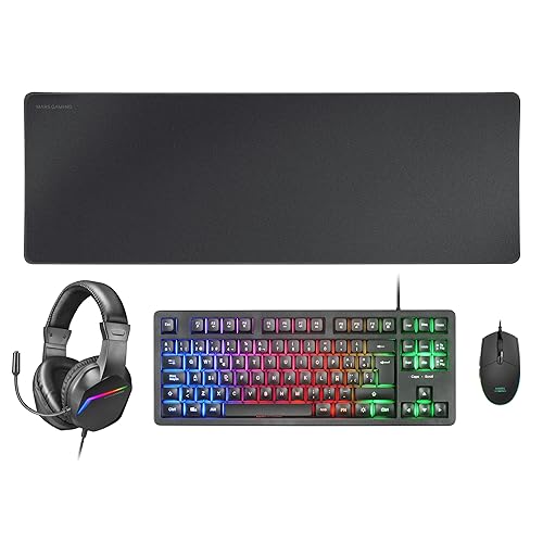 MARSGAMING MCP-RGB3, Pack Gaming Tastatur Fixed RGB + Gaming Maus RGB Flow 3200 DPI + Headset Over-Ear RGB + XXL Mousepad, Schwarz, spanische Sprache von Mars Gaming