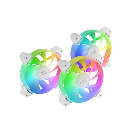 MARSGAMING MF-3A, Kit 3X Lüfter FDB Ultra Leise, ARGB Rainbow 360° Rahmenlose Beleuchtung, 3in1 Lüfter mit Voller ARGB Kompatibilität, Dual ARGB Male + Female Connector, Weiß von Mars Gaming