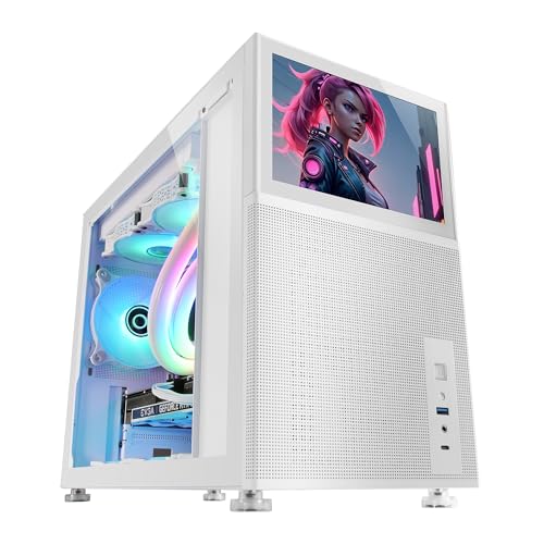 Mars Gaming MC-LCD, Kompaktes Micro-ATX PC-Gehäuse, 8" IPS LCD-Display, Seitliches, Oberes und Vorderes Mesh-Gitter, Seitenfenster Gehärtetem Glas, Mini-Tower Gaming Modularem Panel-Design, Weiß von MARSGAMING