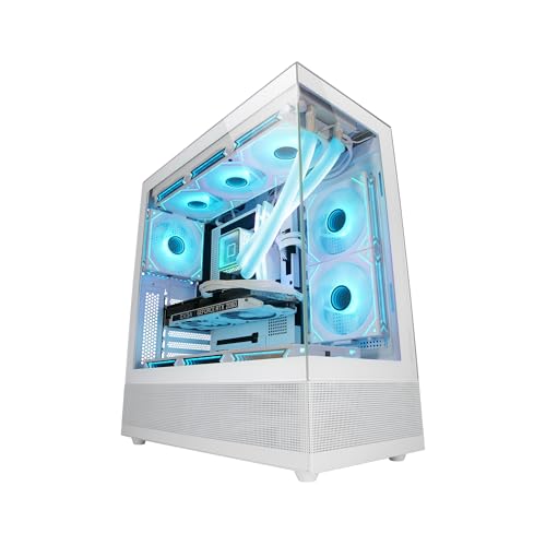 Mars Gaming MC-Set, ATX PC-Gehäuse, Durchgehende Front und Seitenteile aus Gehärtetem Glas, Bodendesign mit Airtech Mesh Technologie, Dual Chamber Gaming Semitower, Bis zu 9X Lüfterleistung, Weiß von MARSGAMING