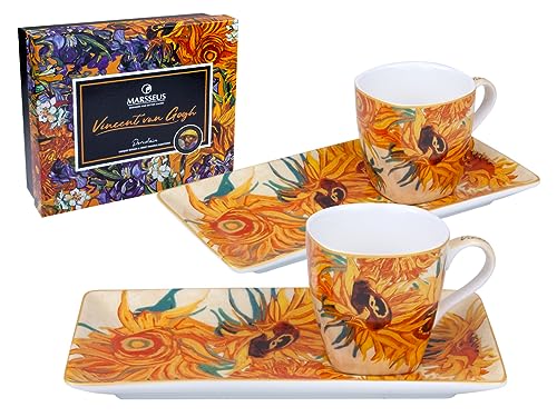 MARSSEUS - Vincent Van Gogh 'Sonnenblumen' Set mit 2 Espressotassen aus Porzellan mit Porzellan-Tablett, 90 ml von MARSSEUS