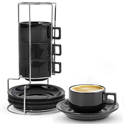 MARTINO CLUB 94 ml Porzellan Kaffeetassen mit Untertassen Set – Stapelbare Kaffeetassen mit Regal – Schwarzes Kaffeetassen Set mit Metallständer – Espressotassen 4er Set – Becher-Set für Espresso von MARTINO CLUB