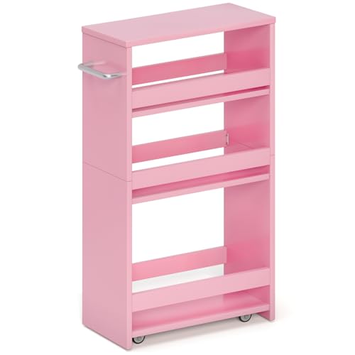 MARTY Rollbarer Aufbewahrungswagen, 20,1 cm breit, rosa, 4-stöckig, Holz, schmaler Küchenwagen auf Rollen, Waschküchen-Organisation mit Griff, mobiles Bücherregal, Allzweckwagen für Küche, Badezimmer von MARTY