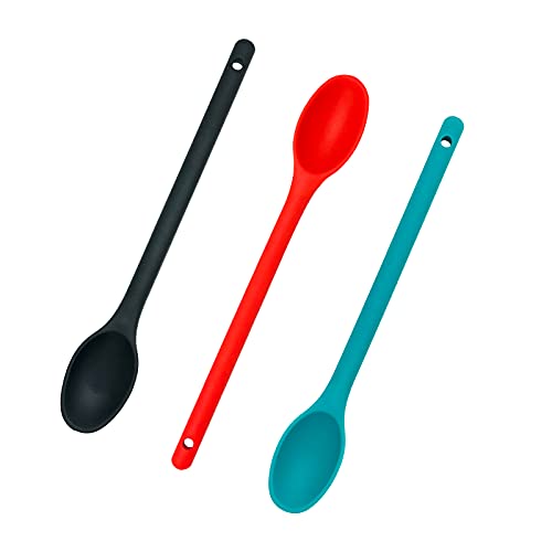 3 Stück Kochlöffel Silikon, Servierlöffel, Plastiklöffel, Kochlöffel Kunstoff 30 cm, Antihaftbeschichtet, BPA-frei, Kochlöffel-Set zum Rühren, Schöpfen und Mischen (Schwarz & Rot & Grün) von MARUKO