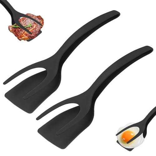 MARUKO 2 Stück Spiegeleier Flipper Spatel Pfannenwender, 2 in 1 Antihaft Flipper Eierwender, Plastikspatel zum Kochen, Grip Flip Turner Spatel für Fisch Ei Burger Pfannkuchen (Schwarz) von MARUKO