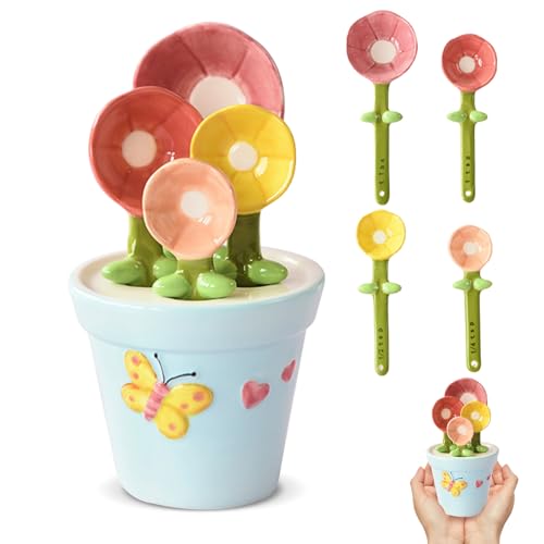MARUKO Keramik Messlöffel Set, Ceramic Measuring Spoons Sets, Niedliche Blumen-Messlöffel mit Aufbewahrungstopf für trockene und flüssige Zutaten, 1/4 TL, 1/2 TL, 1 TL, 1 EL von MARUKO
