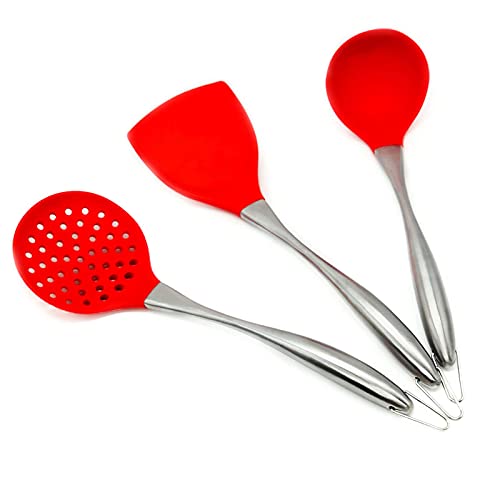 MARUKO Wok Besteck Silikon, Wok Zubehör, Wok-Pfannenwender und Schöpflöffel, Küchenhelfer-Set, 34 cm Pfannenwender für Wok, Chinesisches Wok-Utensilien-Set, Edelstahl 304 (Rot) von MARUKO