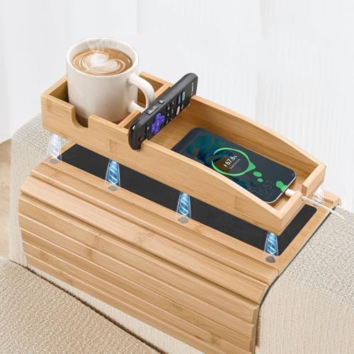 Sofa Arm Tray Table MARUKO Sofatablett Armlehne, 3-in-1 Magnetische Abnehmbare Bambus Couch Tassenhalter, Sofalehne Ablage mit Anti-Rutsch-Pad, Sofa Armlehne Tablett Tisch (Farbe Natur) von MARUKO