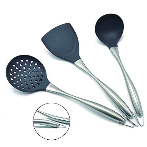 Wok-Pfannenwender und Schöpflöffel, Wok Zubehör, Küchenhelfer-Set, 34 cm Pfannenwender für Wok, Chinesisches Wok-Utensilien-Set, Edelstahl 304 (Grau) von MARUKO