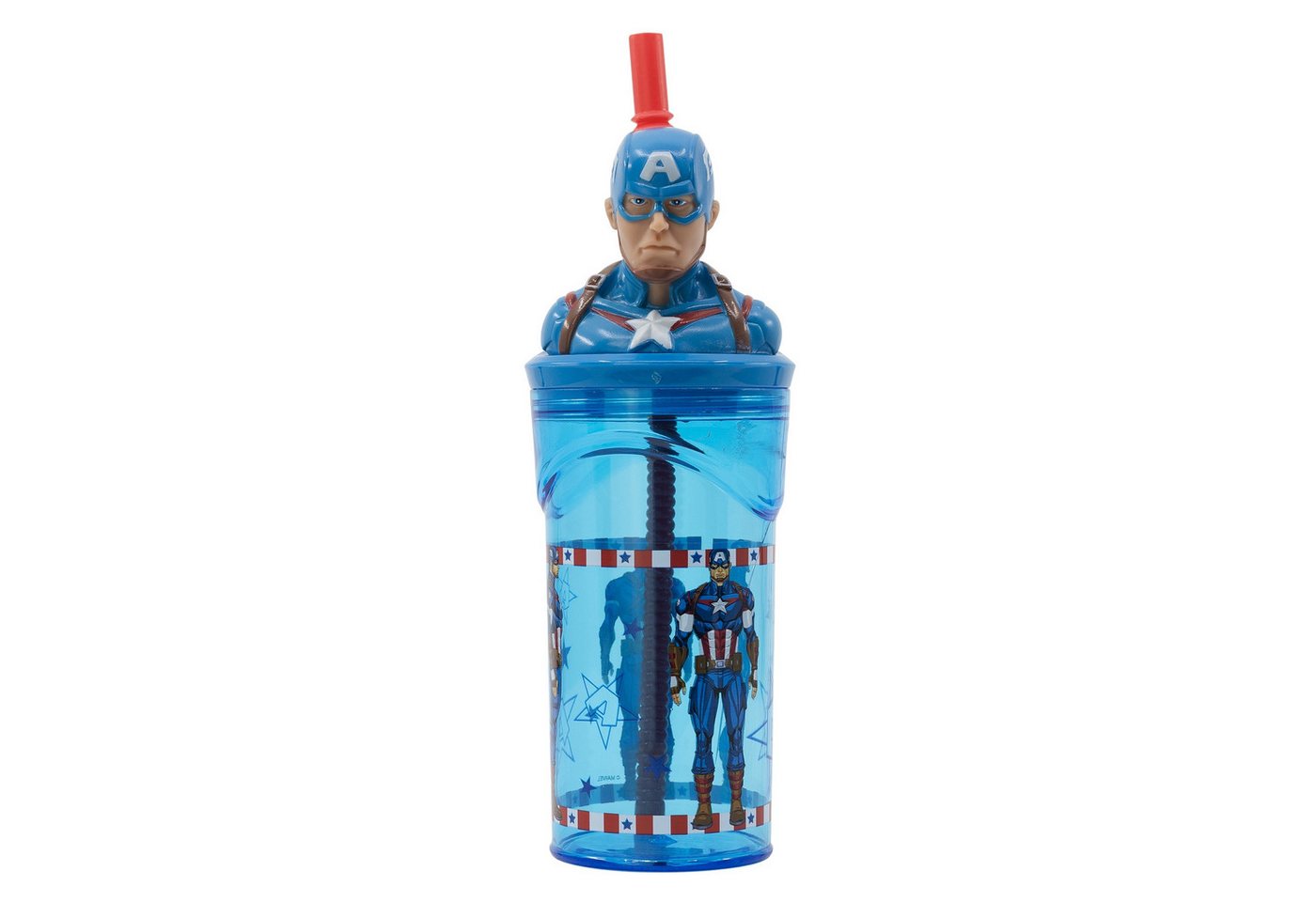 MARVEL Kinderbecher Captain America 3D Deckel Kinder Trinkbecher mit integriertem Halm, 360 ml von MARVEL