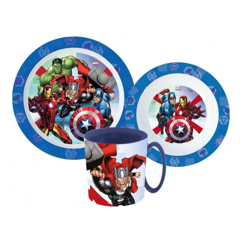 MARVEL Kindergeschirr-Set Marvel Avengers Kinder Geschirr-Set 3 teilig (3-tlg), 1 Personen, Kuststoff, Becher Teller Schüssel - Thor Hulk Iron Man von MARVEL