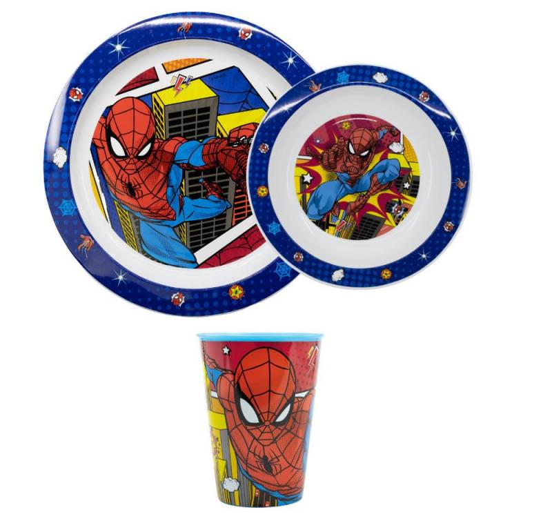 MARVEL Kindergeschirr-Set Marvel Spiderman Kinder Geschirr-Set 3 teilig Becher Teller Schüssel, 1 Personen, Synthetik von MARVEL
