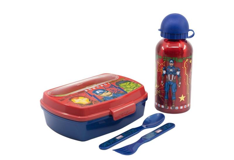 MARVEL Lunchbox Marvel Avengers Kinder Geschirr-Set 4 teilig, Kunststoff Aluminium, (4-tlg), Brotdose Alu-Trinkflasche Besteck von MARVEL