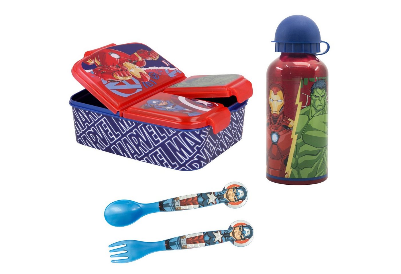 MARVEL Lunchbox Marvel Avengers Kinder Set 4tlg, (4-tlg), 3 Kammern Brotdose Alu-Trinkflasche Besteck von MARVEL