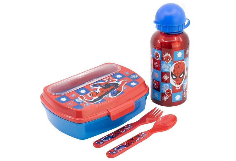 MARVEL Lunchbox Marvel Spiderman 4 tlg Kinder Lunch Set, Kunstsoff Aluminium, (4-tlg), Brotdose Alu-Trinkflasche Besteck von MARVEL