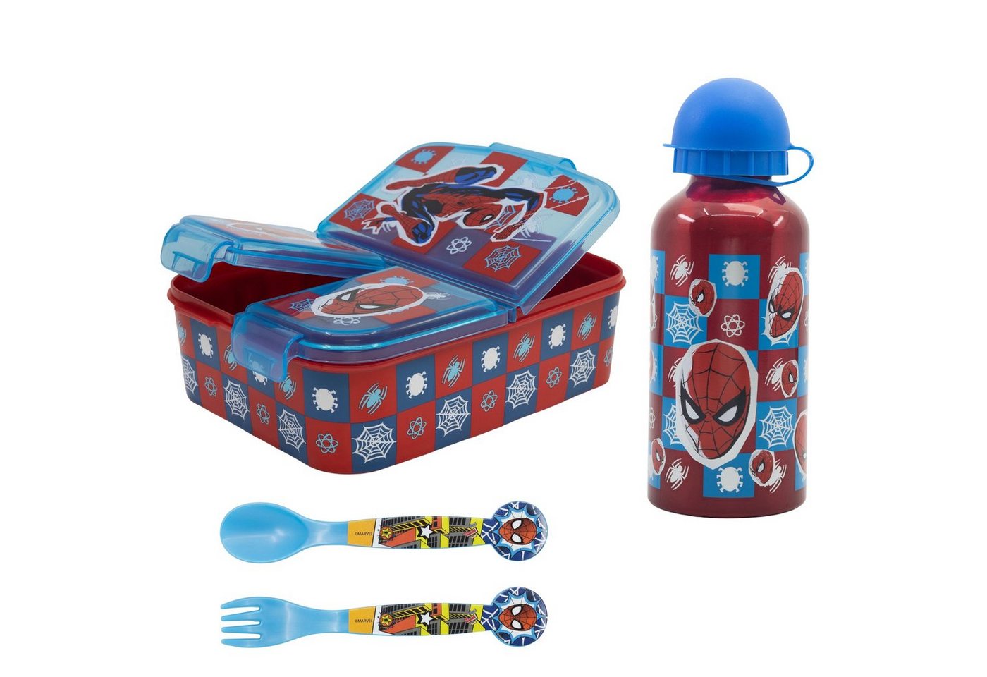 MARVEL Lunchbox Marvel Spiderman 4 tlg Kinder Set, (4-tlg), 3 Kammern Brotdose Alu-Trinkflasche Besteck von MARVEL