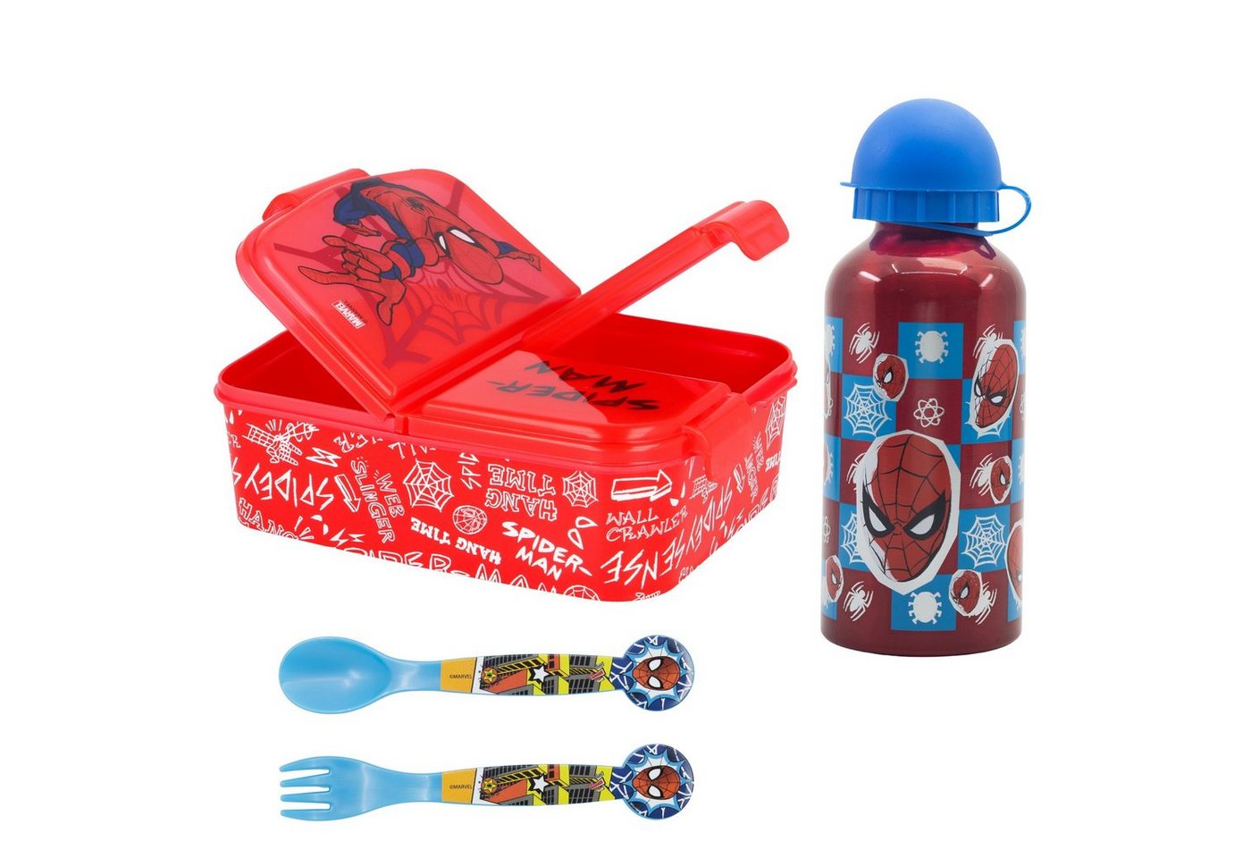 MARVEL Lunchbox Marvel Spiderman 4 tlg Kinder Set 3, (4-tlg), Kammern Brotdose Alu-Trinkflasche Besteck von MARVEL