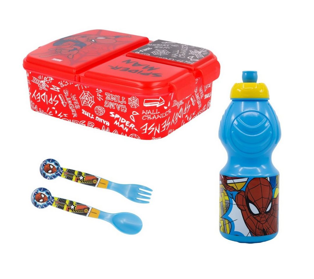 MARVEL Lunchbox Spiderman 4 teiliges Set - 3 Kammer Brotdose Trinkflasche Besteck, (4-tlg) von MARVEL