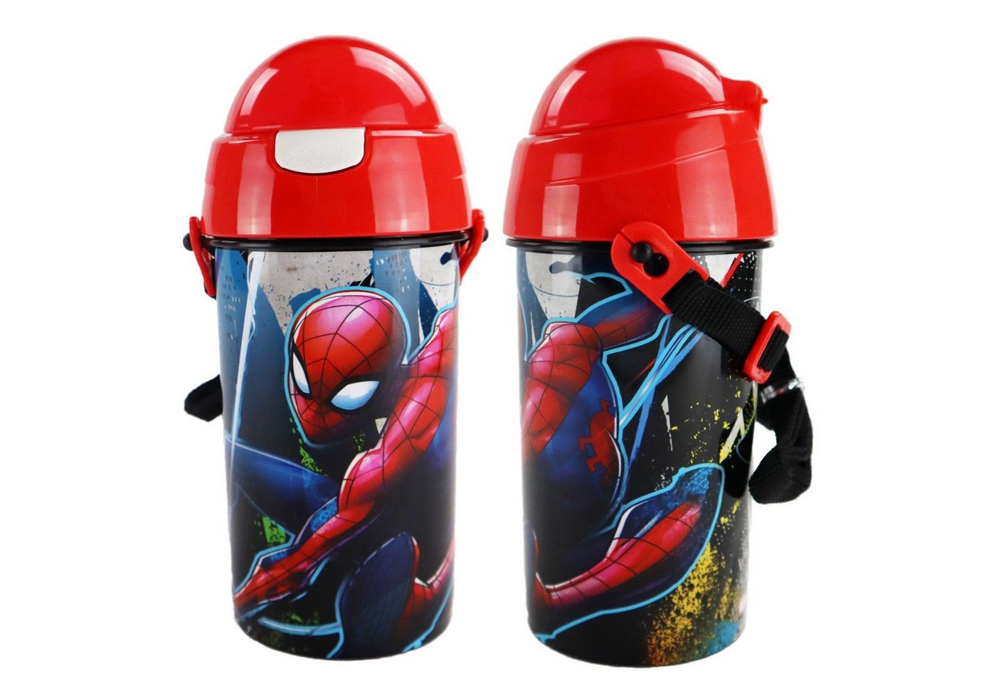MARVEL Trinkflasche Marvel Spiderman Wasserflasche 500 ml, Flasche integrierter Trinkhalm und Tragegurt von MARVEL