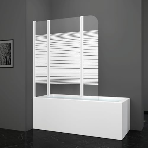 MARWELL Badewannenaufsatz White Lines 125x140 cm – 3-teilige faltbare Duschwand in matt weiß – Duschabtrennung aus 4 mm Einscheibensicherheitsglas für Badewanne von MARWELL