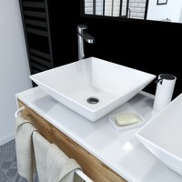 Aufsatzwaschbecken aus Keramik in weiß - Waschbecken in Maße 42 x 42 x 13 cm, geneigte Seitenwände und Flacherboden - mit Pop-up-Ablaufventil von MARWELL