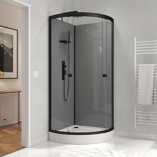 Marwell Komplettdusche Grey Style Round 215x90x90cm - Fertigdusche mit 5mm gehärtetem Glas – Dusche mit Aluminiumrahmen – Glasdusche Inkl. Ablagefläche – Regendusche Modernes Design von MARWELL