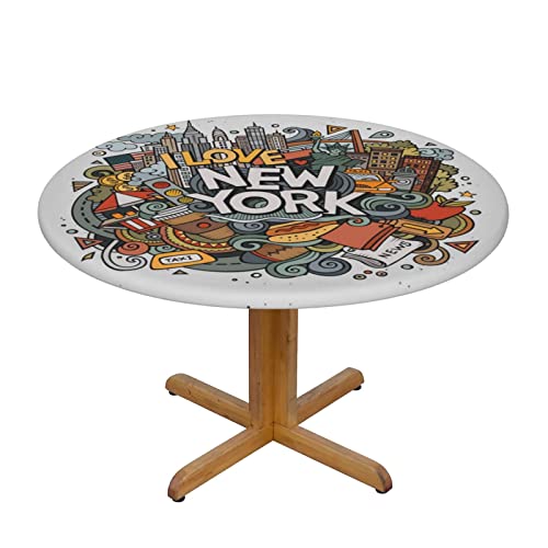 MARXAN Tischdecke, Motiv: Cartoon, niedliches New York, amerikanisches Thema, elastischer Rand für Küche, runde Tischdecke mit Esszimmer, Terrasse, Partys (für 101,6–127 cm Tisch) von MARXAN