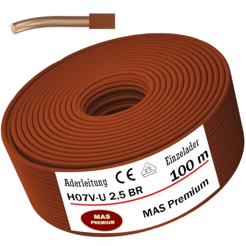 MAS Premium 100m Aderleitung Eindrähtig H07 V-U 1x2,5 mm² SW, GNGE, HBL, BR, VIO, RT, WS, GR Einzelader starr (Braun) von MAS Premium