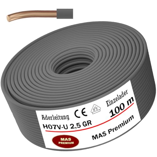 MAS Premium 100m Aderleitung Eindrähtig H07 V-U 1x2,5 mm² SW, GNGE, HBL, BR, VIO, RT, WS, GR Einzelader starr (Grau) von MAS Premium